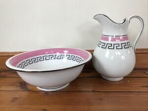 Antique 1863 Copeland Pink Black Greek Key Ironstone Porcelain Pitcher Basin